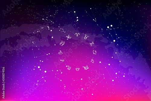Constellations of the zodiac circle and their symbols on the background of the milky way.