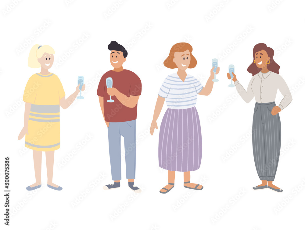 Naklejka premium Office party people in casual clothing drinking champagne and celebrating. Workers having fun and hanging out happily. New Year or birthday party. Vector colorful illustration