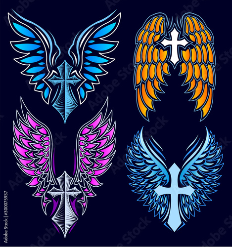 Cross and Wings vector set, Heraldry Tattoo Style elements.