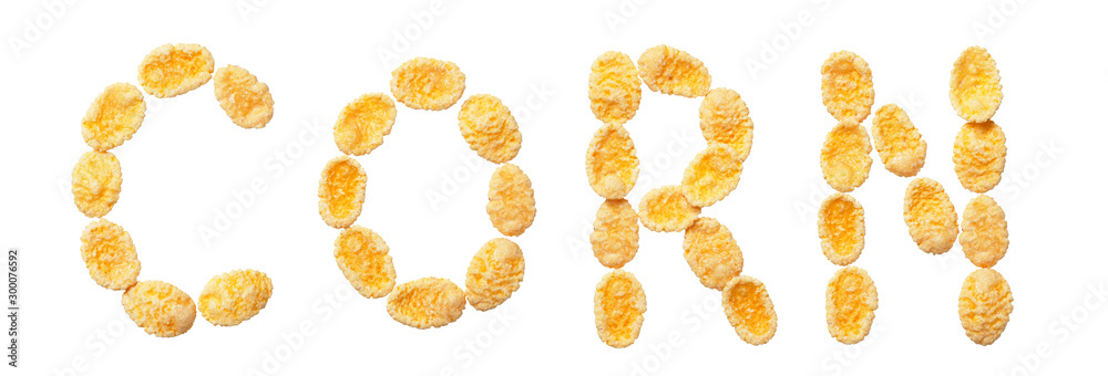 Yellow cornflakes letter CORN isolated on white background