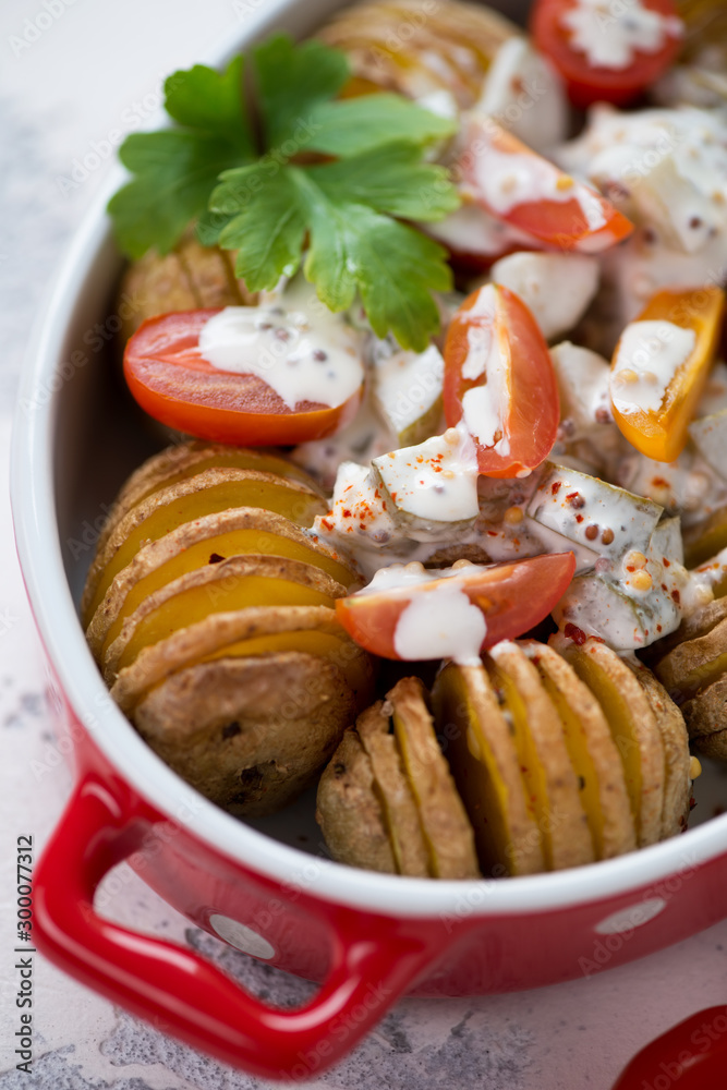 Close-up of baked hasselback potatoes in a red serving pan, selective focus, vertical shot Close-up of baked hasselback potatoes in a red serving pan, selective focus, vertical shot