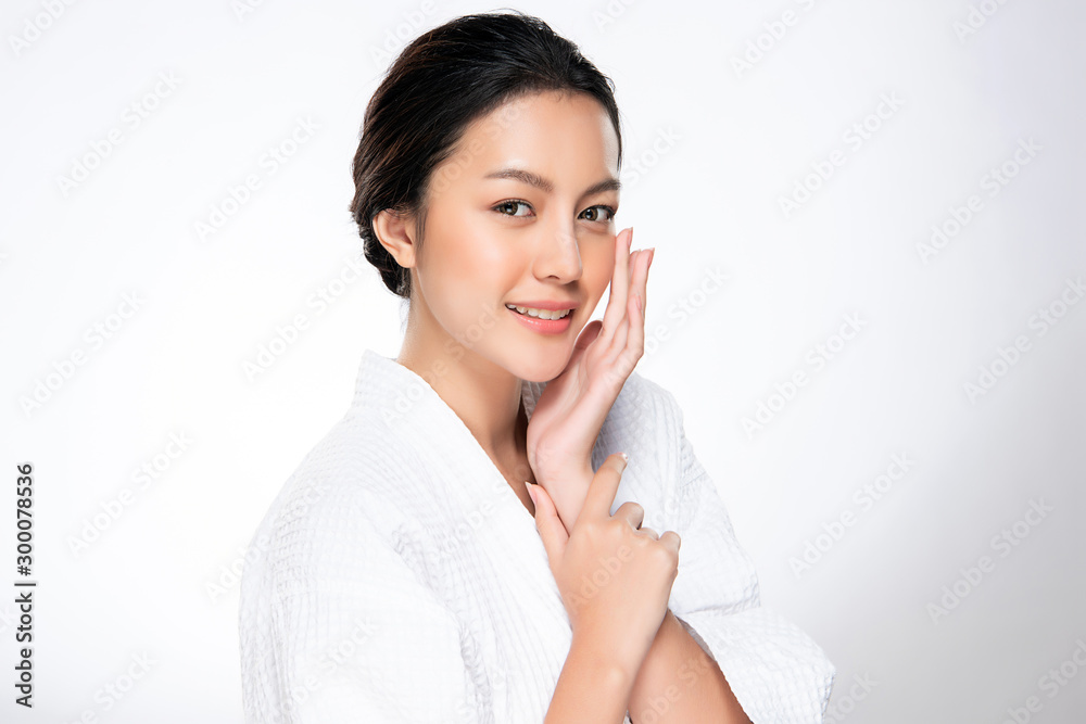 Beautiful young Asian woman touching soft cheek and smile with clean and fresh skin. Happiness and cheerful with, isolated on white background, Beauty and Cosmetics Concept, Beautiful young Asian woman touching soft cheek and smile with clean and fresh skin. Happiness and cheerful with, isolated on white background, Beauty and Cosmetics Concept,