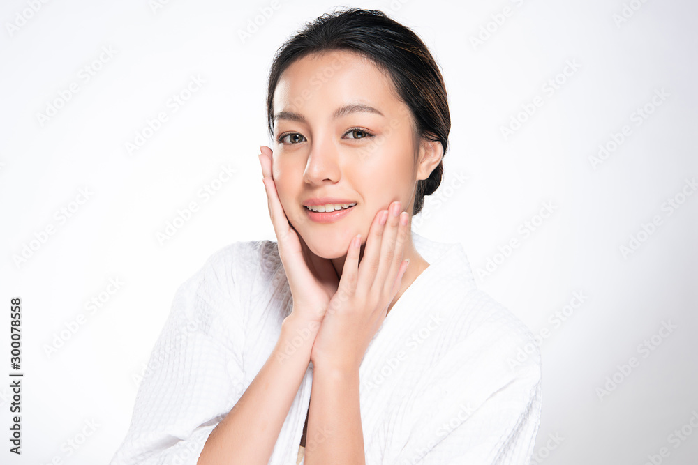 Beautiful young Asian woman touching soft cheek and smile with clean and fresh skin. Happiness and cheerful with, isolated on white background, Beauty and Cosmetics Concept, Beautiful young Asian woman touching soft cheek and smile with clean and fresh skin. Happiness and cheerful with, isolated on white background, Beauty and Cosmetics Concept,