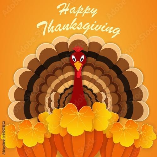 Thanksgiving day. Turkey with ripe pumpkin crop. Paper cut background style.
