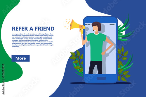 Refer a friend vector business poster, Referral person with megaphone buzz alert. Money job recommend marketing template. Illustration network announcement program advice offer banner concept
