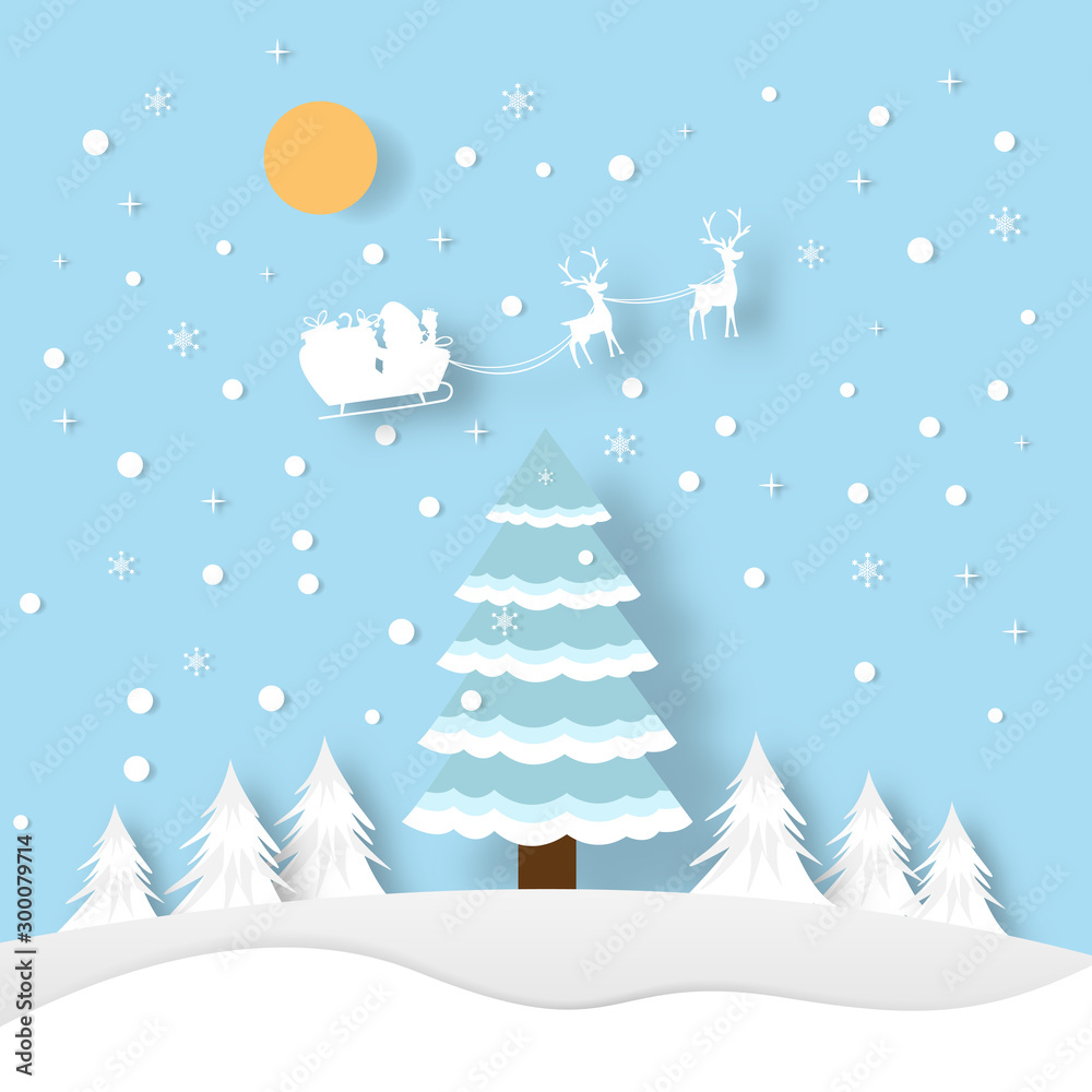 Merry Christmas Background, Christmas tree and santa claus, paper cut style. Vector illustration.