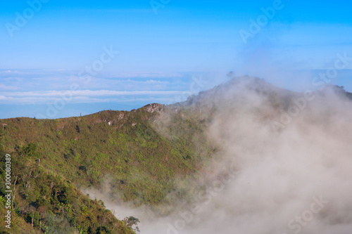 Mountain fog sky clouds landscape.