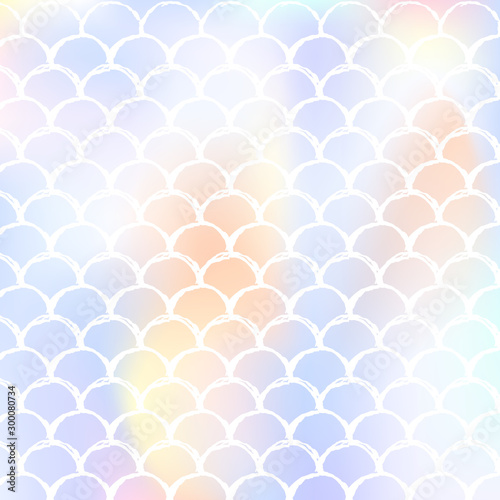 Holographic scale background with gradient mermaid. Bright color transitions. Fish tail banner and invitation. Underwater and sea pattern for girlie party. Rainbow backdrop with holographic scale.