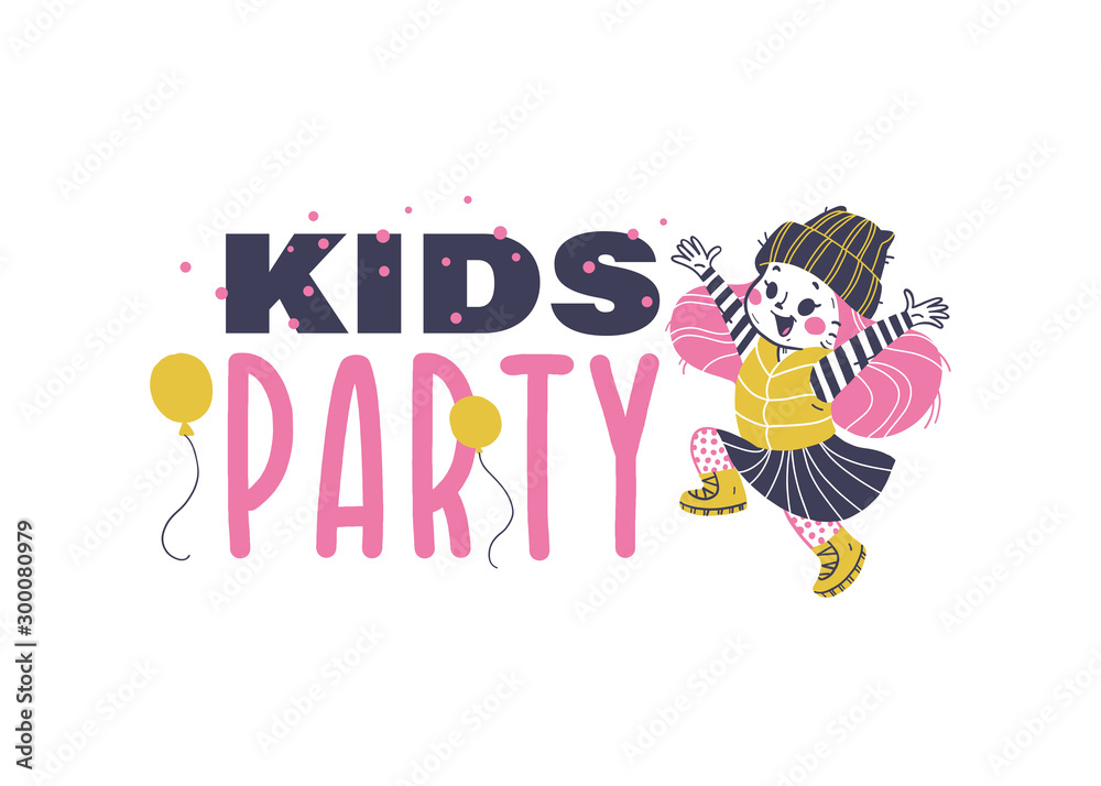 Kids party emblem design with kids party text, air balloons, happy girl jumping isolated on white background. Hand drawn vector illustration. For party decor, banner, birthday card, invitation. Kids party emblem design with kids party text, air balloons, happy girl jumping isolated on white background. Hand drawn vector illustration. For party decor, banner, birthday card, invitation.