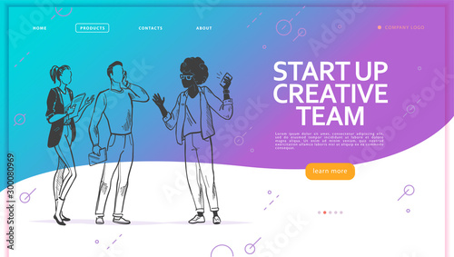 Young business, start up creative team, office people discussing, brainstorming, celebrating. Hand drawn sketch style. Web page design temple, UI, mobile app. Vector illustration.