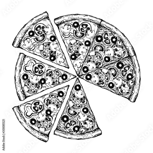 Vintage drawing, pizza, table, organic food ingredients. Hand drawn pizza illustration. Great for menu, poster or label.