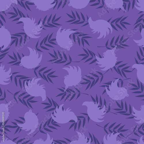 Seamless pattern of silhouettes of birds and rowan leaves in purple colors