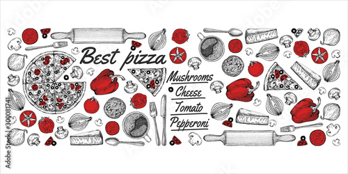 Vintage drawing, pizza, table, organic food ingredients. Hand drawn pizza illustration. Great for menu, poster or label.