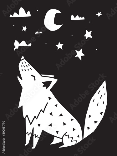 Wolf howls at the moon in the night. Monochrome scandinavian vector illustration in simple style