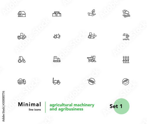 Agricultural machinery and agribusiness vector linear icons set. Agriculture. Farming and horticulture equipment outline symbols pack. Tractor and combine harvester isolated contour illustrations