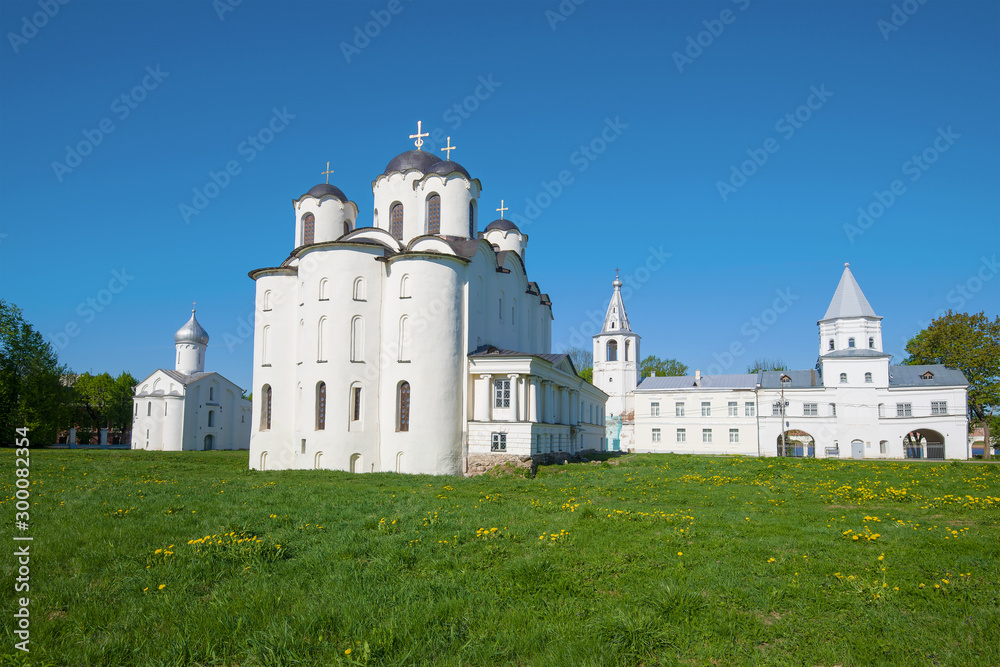 Ancient Nikolsky Cathedral (built in 1113) on the Yaroslavl courtyard on a sunny May day. Veliky Novgorod, Russia