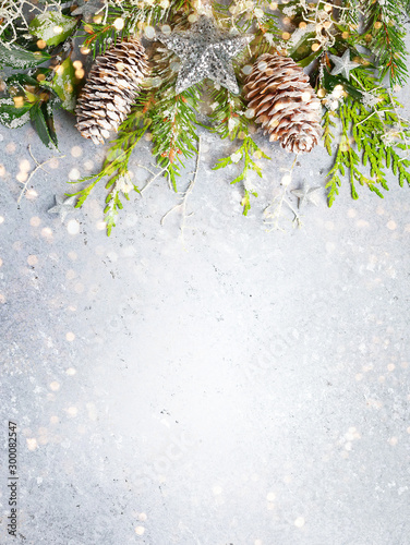 Christmas or winter background with a border of green and frosted evergreen b...
