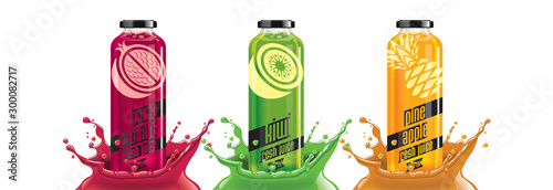 Fruit juice splash bottle set, pomegranate, kiwi, pineapple sticker design.