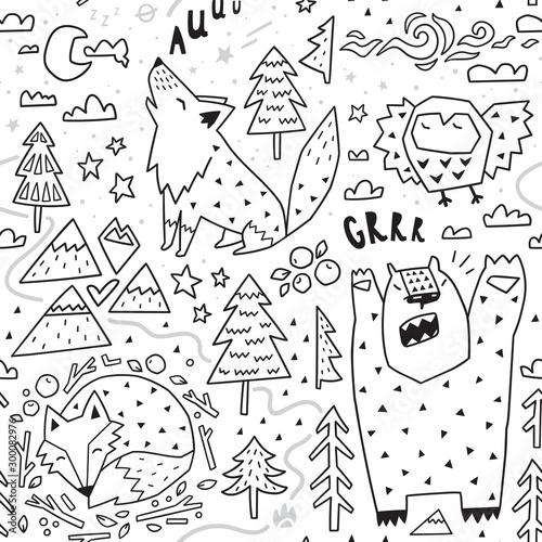 Black and white seamless pattern of cute animals - fox, bear, owl, wolf and graphic elements in geometric style. Vector illustration