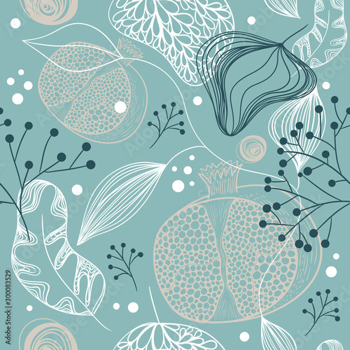 Seamless floral pattern with pomegranate, berries and leaves