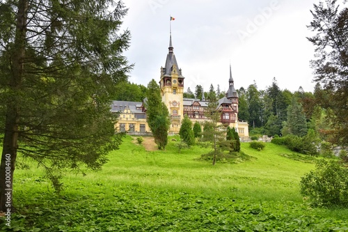 Sinaia, Romania - August 2019. Great Pelesh castle and park in Sinaia, Romania. Romania King Carol Palace and park with medieval beautiful buildings 