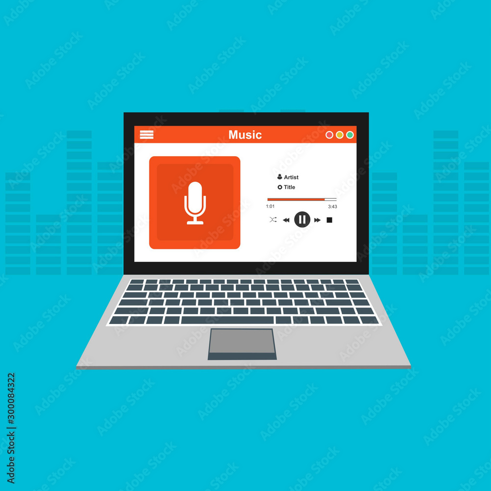 Vector illustration of music player laptop flat design concept template Vector illustration of music player laptop flat design concept template