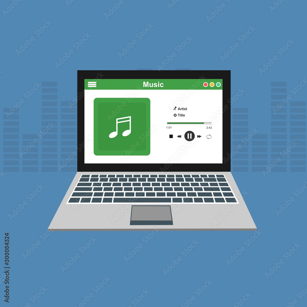 Vector illustration of music player laptop flat design concept template Vector illustration of music player laptop flat design concept template