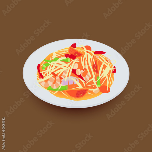 Spicy green papaya salad.Som tum traditional Thai food.Vector illustration