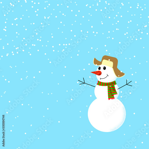 Snowman in a cap with earflaps and a red-green striped scarf on a blue background with snowfall. Square vector design for New Year and Christmas decoration of social networks, cards and other 