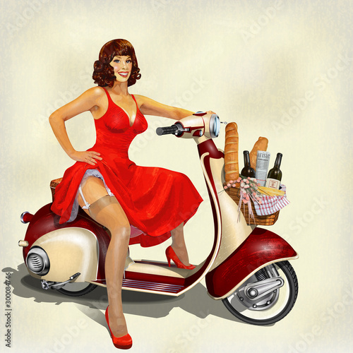 Old scooter with  basket of food for  weekend and pin-up girl.