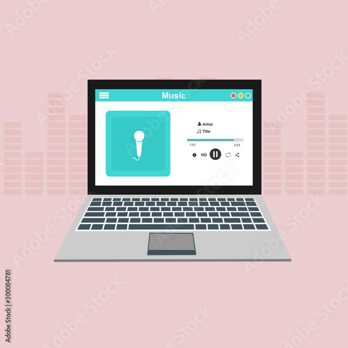 laptop application for online buying, downloading and listening to music. illustration of music player app on laptop