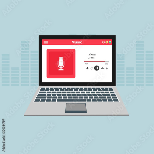 laptop application for online buying, downloading and listening to music. illustration of music player app on laptop
