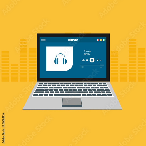 laptop application for online buying, downloading and listening to music. illustration of music player app on laptop