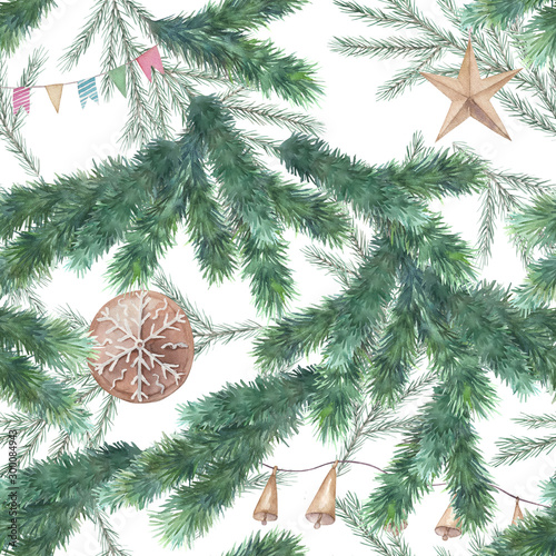 Watercolor pattern with green christmas tree branches, bells, star and cookie...
