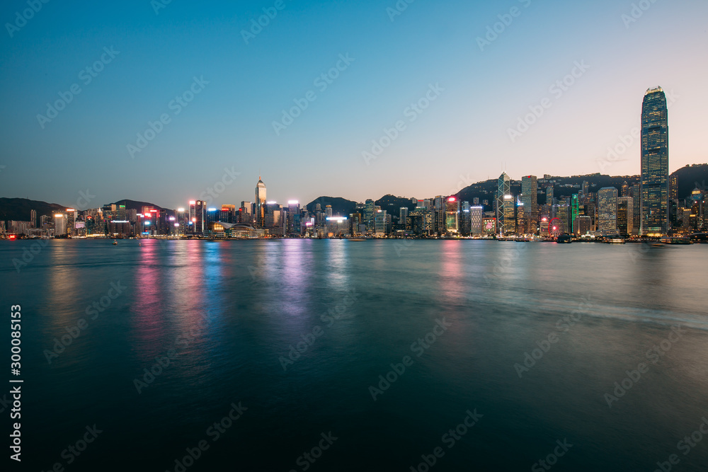 Long exposure photography of Victoria Harbor in Hong Kong 