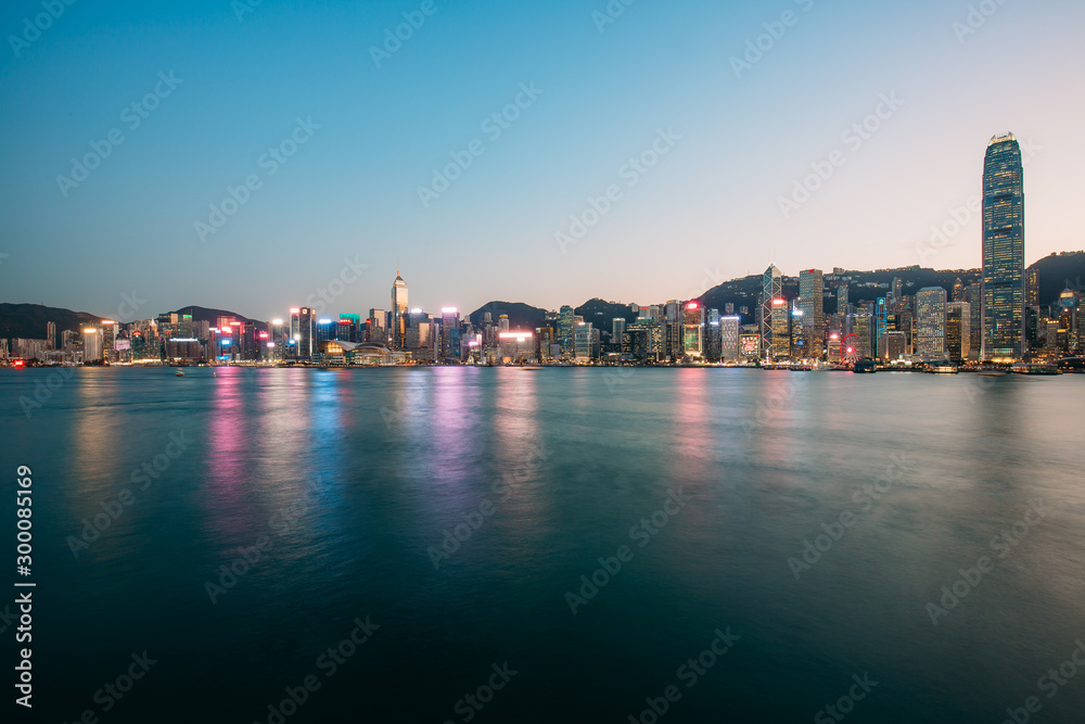 Long exposure photography of Victoria Harbor in Hong Kong 
