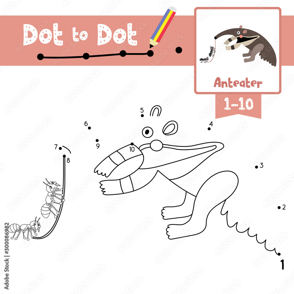 Dot to dot educational game and Coloring book Anteater eating ants vector illustration