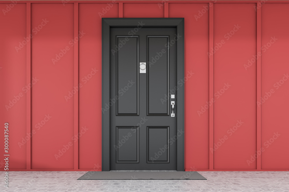 Black front door of red house with mat Black front door of red house with mat
