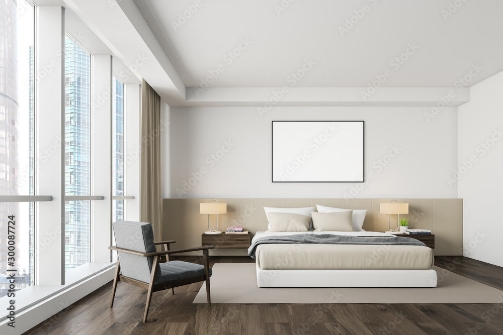 Fototapeta premium White master bedroom interior, armchair and poster