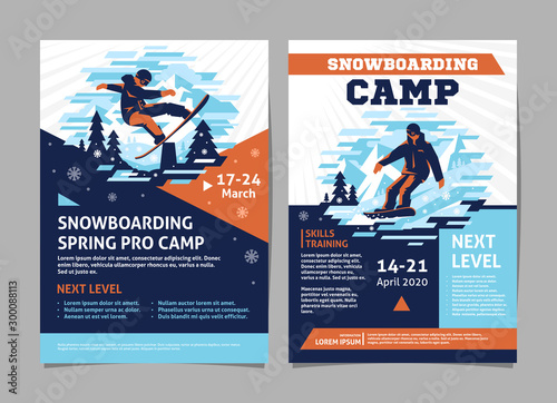 Snowboarding camp posters, flyer with a snowboarder on a background of mountains - template vector design