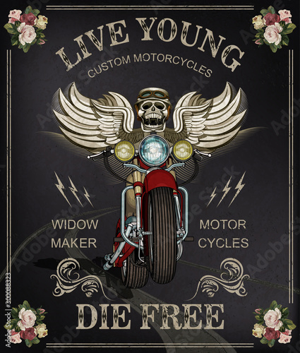 Vintage motorcycle poster skulls wearing  of motorcycle helmet.