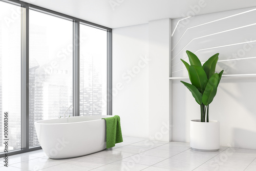 Panoramic white bathroom with tub and shelf