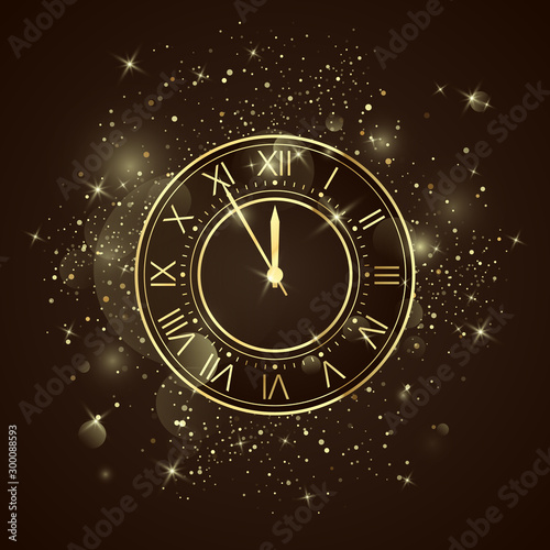 Golden clock dial with roman numbers. Five minutes to twelve holiday countdown. New Year night with glitters and sparkles. Vector