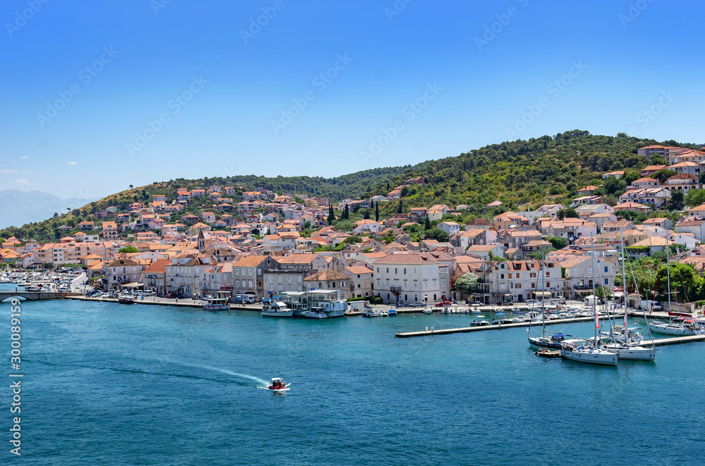 View of the port and embankment from the fortress of the city of Trogir.