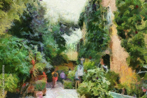 Italian village Illustration creating Impressionist painting.