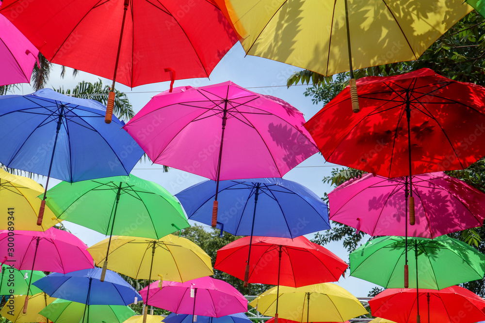 Blue Pink Red Green Yellow And Colourfull Umbrella Hang Over on the top or above As Decoration or Background and Grass Angle at beach office and garden