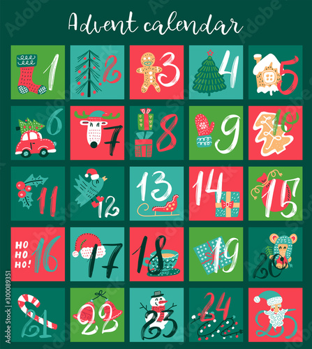 Christmas Advent calendar with hand drawn elements. Xmas Poster. Vector illustration for 25 december days.
