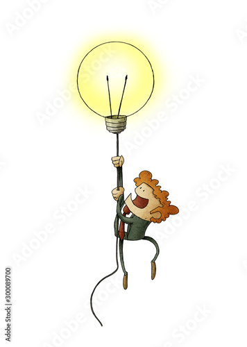 Businessman flying on a light bulb as a symbol of creativity. isolated