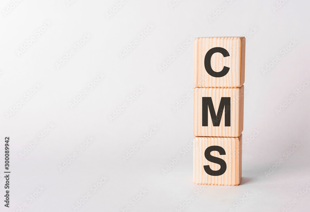 CMS letters of wooden blocks in pillar form on white background, copy space CMS letters of wooden blocks in pillar form on white background, copy space