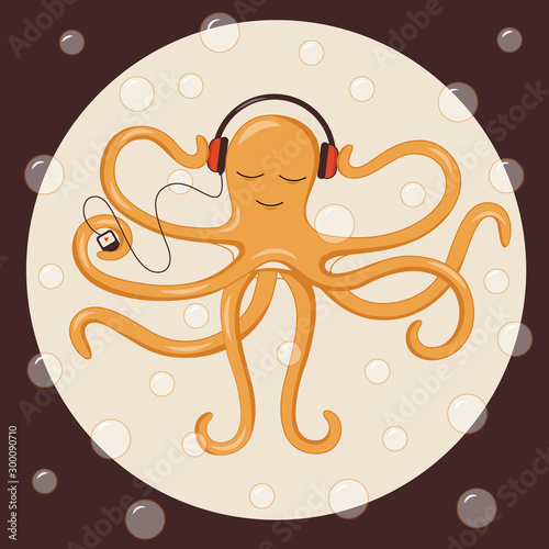 Orange octopus in headphones with a player on brown background.